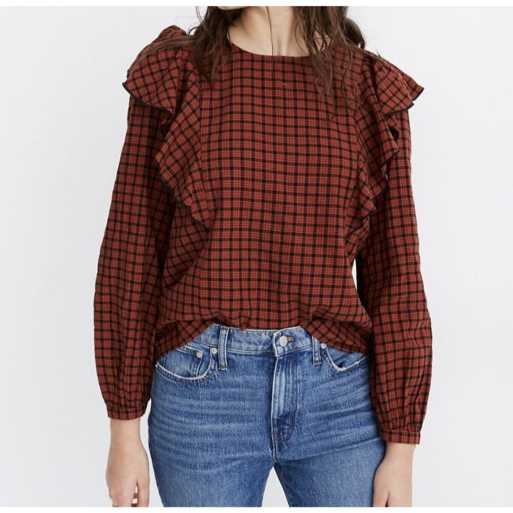 Madewell Ruffle Front Plaid Check Rust Cotton Blouse Womens M Modest Lagenlook